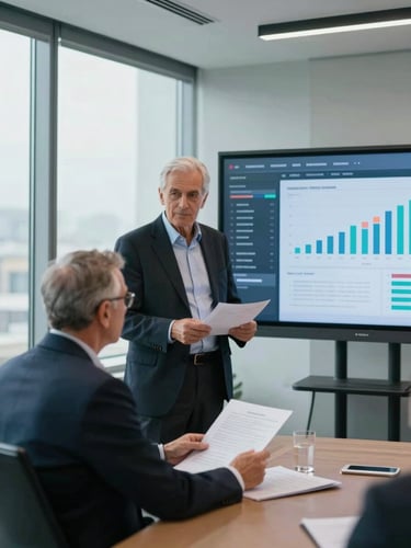 Mid-range shot of two senior professionals in a modern briefing room, one standing at a large screen displaying a risk intelligence dashboard, the other seated reviewing documents, cool daylit office environment with floor-to-ceiling windows, professional attire, focused and composed expressions, no direct eye contact with camera