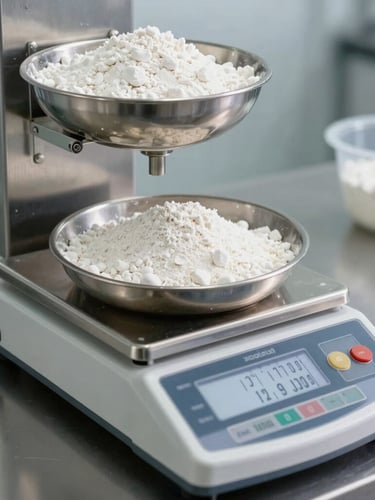 A high-precision digital scale in a bright stainless steel laboratory, weighing raw starches with metric decimal readouts visible, sharp focused lighting.