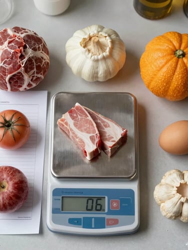 Overhead structured flat-lay of raw ingredients measured on a high-precision digital scale, technical recipe formulation sheets with molecular annotations on the side, bright overhead laboratory daylight mixed with warm task lighting.