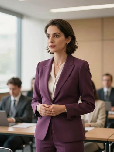 Elegant portrait of a female executive speaking confidently in a naturally lit conference hall, warm editorial tones, shallow depth of field, 35mm