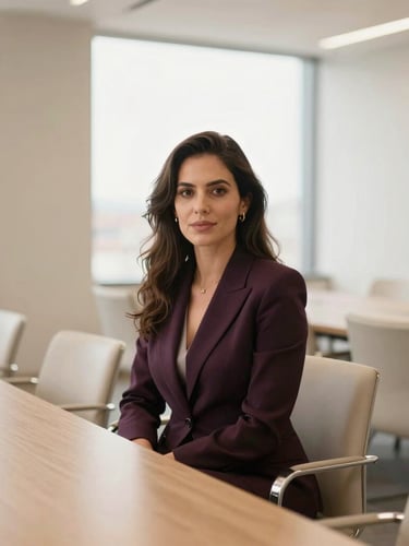 Wide editorial portrait of a confident female executive sitting in a sunlit modern conference room in Quito, wearing an elegant dark plum blazer, soft champagne lighting, shallow depth of field, 35mm