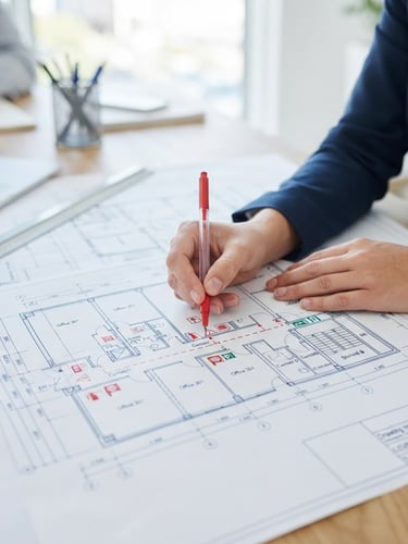 Close-up of technical blueprints with professional hands marking fire safety points, sharp focus, 35mm lens, corporate daylight.