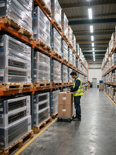 Wide shot looking down a long warehouse aisle, stacked pallets of boxed networking equipment to the left, a worker in a safety vest inspecting a carton under flat fluorescent light, concrete floor receding into depth