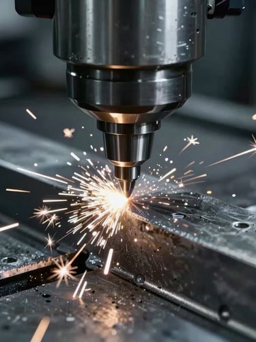 Tight macro shot of a CNC milling tool cutting through a block of steel, bright sparks flying, cool metallic tones, dramatic industrial lighting
