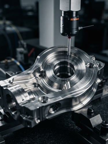 Industrial editorial photography, close-up of a high-tolerance machined steel component on a coordinate measuring machine, cool metallic tones, sharp details