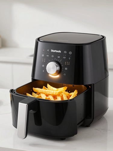 Startools Air Fryer 5L with glowing internal LED light, crisp studio lighting, premium product photography, displaying golden crispy fries inside, clean minimalist kitchen backdrop, 50mm lens