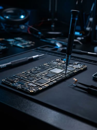 Extreme close-up macro of a clean workshop bench in Koti, precision screwdrivers, tweezers, and a disassembled smartphone motherboard under dark studio lighting with electric blue accents.