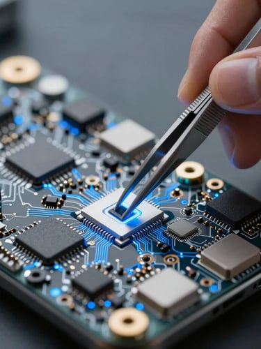 Extreme close-up of a technician using precision tweezers on a glowing smartphone motherboard, electric blue accents, sharp macro details.