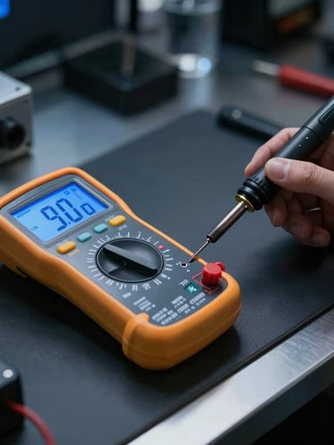 Sleek portrait of a modern technical repair station, digital multimeter screen glowing blue, soldering iron resting on a clean dark silicon mat, sharp focus.