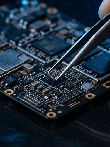 Extreme macro shot of a smartphone motherboard under dramatic blue studio lighting, precision tweezers holding a microchip, dark reflective surface, 50mm lens
