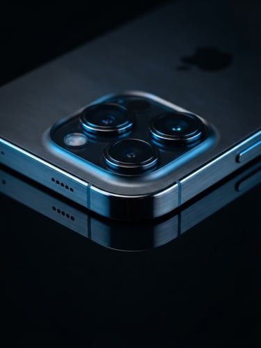 Sleek macro photography of a modern titanium smartphone chassis on a dark reflective surface, dramatic electric blue rim lighting, sharp hardware details, 50mm lens