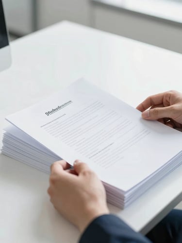 Close-up of professional hands organizing documents in a sleek modern office, bright natural light, crisp focus, clean corporate aesthetic, 35mm