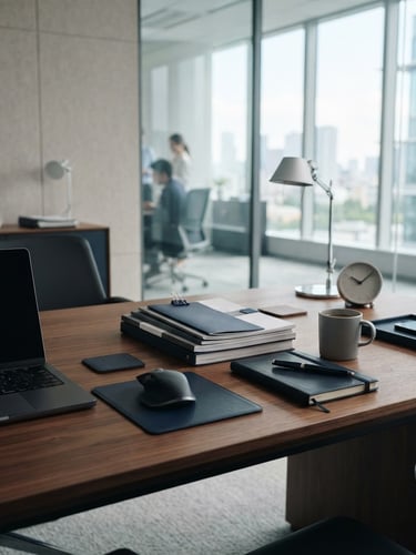 Sleek minimalist office desk with organized documents, professional slate gray and navy tones, natural daylight, high-end corporate setting, 35mm