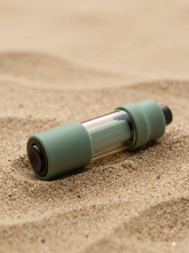 Macro photograph of a minimalist glass vape cartridge lying on a textured warm sand stone surface, soft diffused morning light, earthy green and warm sand tones, high detail