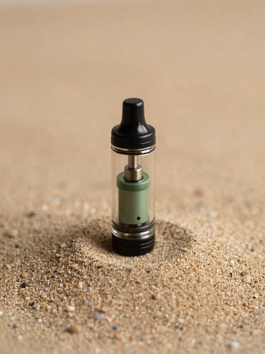 Macro shot of a sleek glass vape cartridge resting on a textured warm sand stone surface, soft morning light, earthy green and warm sand tones.