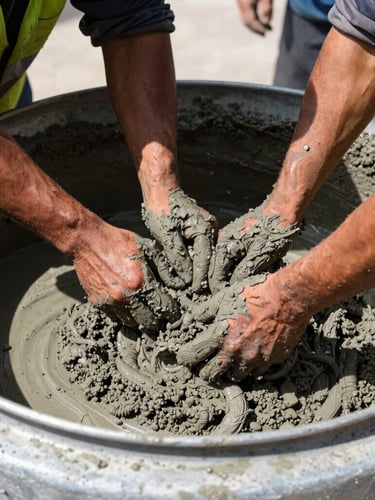 Close-up, low-angle shot of workers in safety gear mixing concrete by hand in a large industrial mixer, hard direct sunlight, high contrast, focus on the texture of the wet cement, 35mm lens.