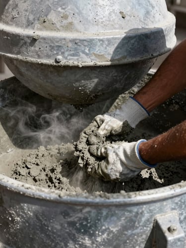 Close-up portrait shot of a worker's hands in gloves mixing concrete in a large industrial mixer, dust and texture visible, hard direct sunlight, high contrast, industrial documentary photography.