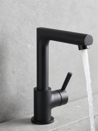 Close-up of premium matte black architectural faucet with precise water stream, bright neutral daylight, cool grey concrete background, sharp focus