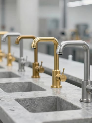 A clean factory production line of modern brass faucets, bright neutral daylight, cool grey and slate tones, sharp focus, high-end material detail