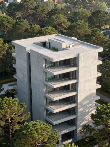 Aerial view of premium minimalist concrete development surrounded by soft green pines, crisp morning daylight