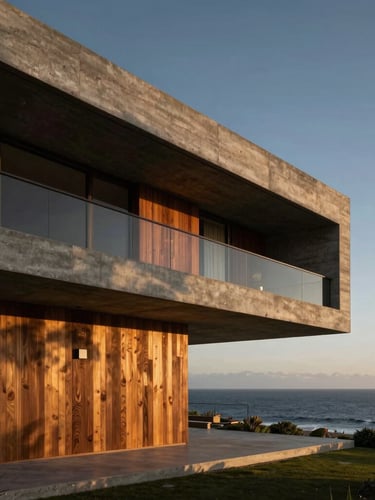 Architectural elevation of a brutalist luxury villa at golden hour, raw concrete and teak wood textures, overlooking the Pacific ocean in Peninsula de Papagayo, sharp linear perspective, 35mm