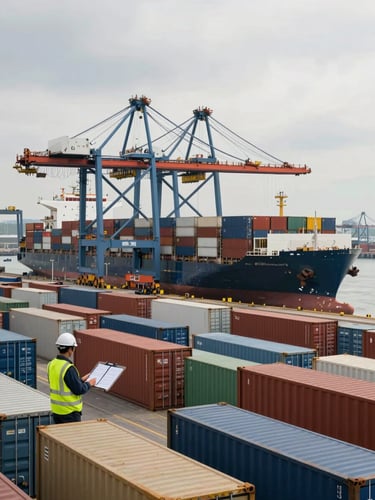 Wide panoramic view inside a busy international port at overcast daylight — overhead gantry cranes in the background loading a container vessel, rows of containers color-coded by destination in the foreground, a logistics worker in high-visibility vest reviewing a routing board in the left quarter, no eye contact with camera, industrial and operational in feel