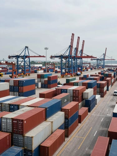Wide panoramic view of a busy container terminal at overcast daylight, rows of stacked shipping containers stretching to the right third of the frame, cranes and port infrastructure visible in the background, industrial scale and order, documentary framing with no people in foreground