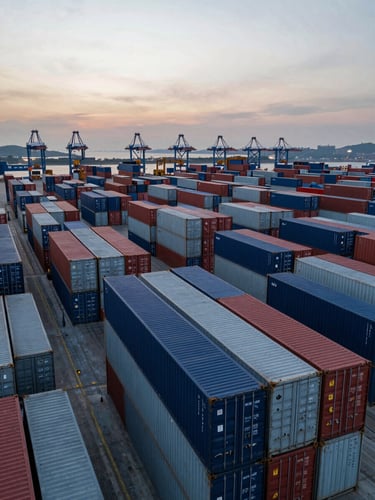 Wide-angle overhead view of a container terminal at dusk, rows of stacked shipping containers in navy blue and steel gray extending to the horizon, crane infrastructure visible, no people, documentary framing