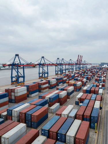 Wide overhead aerial view of a major container terminal at daylight, rows of stacked shipping containers in precise order stretching to the right edge, port cranes visible along the far berth, overcast industrial sky, documentary framing with no people