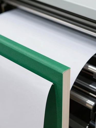 Close-up of a book spine binding process, high-quality paper texture, modern printing press machinery in operation, sharp focus