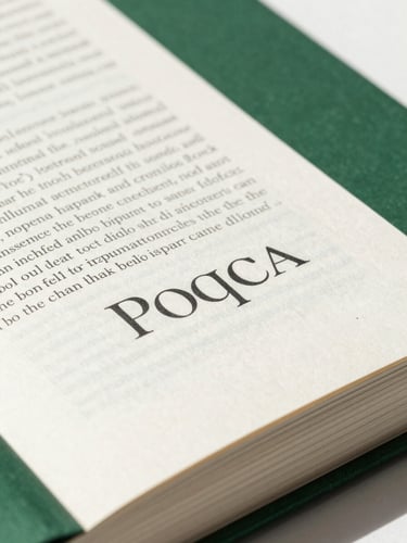 Close-up of high-quality printed book pages with sharp serif typography, warm natural daylight, deep forest green cover visible, clean editorial photography, sharp focus