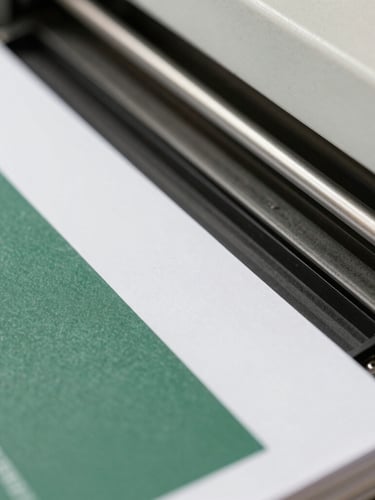 Detailed close-up of printed pages being bound together in a professional binding machine, sharp focus on paper texture and strong glue binding, warm daylight