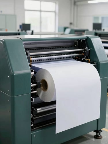 A modern industrial offset printing press operating in a clean, organized factory, rolls of premium paper, soft daylight, sharp focus, professional environment