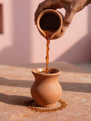 Warm editorial photography of hand-ground masala chai being poured into a clay kulhad on a terracotta surface, soft morning shadows, golden-hour sunlight, 35mm lens.