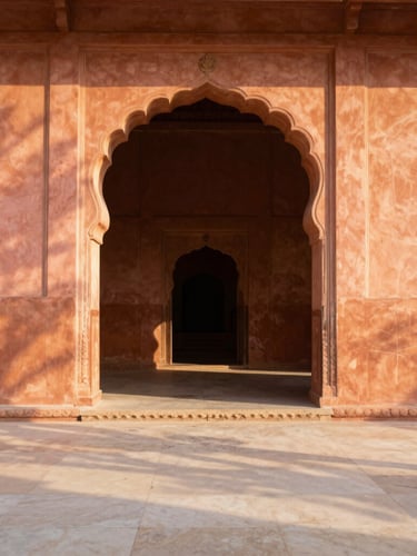A medium crop of a sun-drenched terracotta archway in Jaipur, golden-hour sunlight casting soft geometric shadows across a clean cream stone floor, architectural detail, 35mm lens.