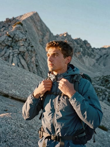 Environmental portrait of a hiker adjusting their heavy-weight cotton apparel, crisp morning light over granite peaks, 35mm film style.