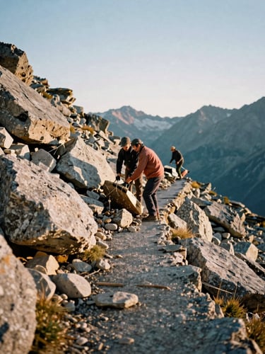 Active trail maintenance crew clearing granite rocks on a mountain path, golden hour alpine light, rugged outdoor photography, 35mm film style