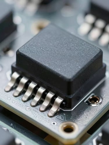 Macro close-up of a high-precision electro-mechanical relay on a clean industrial circuit board, cool-toned studio lighting, metallic slate and steel tones, sharp depth of field
