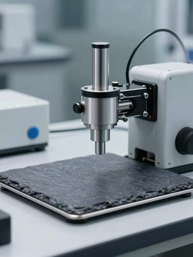 A clean-room industrial testing environment with cool-toned studio lighting, showing high-precision calibration equipment and metallic components on a slate workbench.