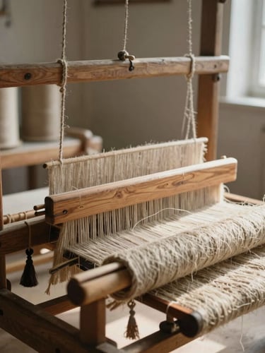Medium environmental shot of a traditional wooden loom in a sunlit European mill, soft morning light casting long shadows, raw flax spools in the background.