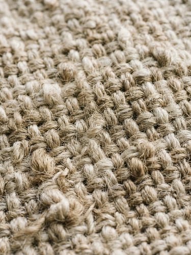Tight macro shot of a heavy-weight linen weave, showing the thick, irregular flax fibers under soft morning window light, desaturated oatmeal tones, 35mm film.