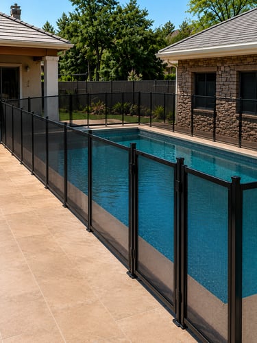 Black mesh pool fence enclosing a pool.