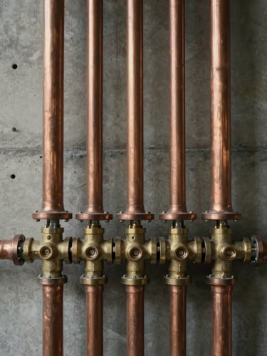 Straight-on architectural view of perfectly parallel copper plumbing pipes and brass valves mounted on a raw concrete wall, dramatic side-lighting