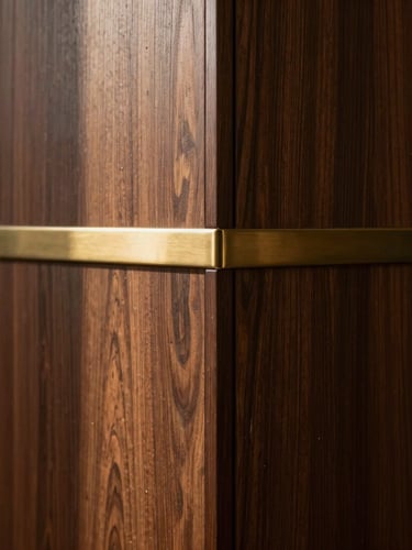 Vertical portrait architectural shot focusing on a custom walnut wall panel meeting a brass trim with absolute zero-tolerance alignment, dramatic side-lighting.