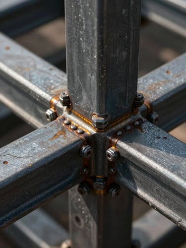 Close-up panoramic view of reinforced steel framework joints under harsh directional studio light, bolt heads and welded seams in sharp relief, deep shadow filling the recesses between structural members, precision and material weight made visible