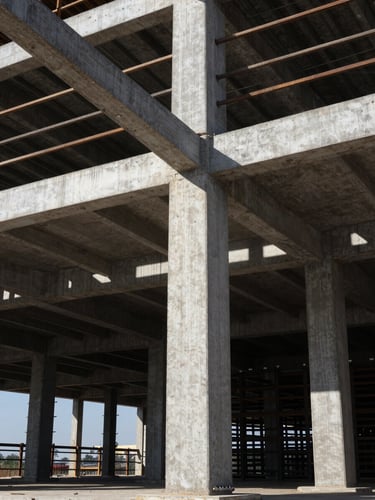 Wide panoramic view of a steel and concrete structural framework mid-construction, shot from ground level looking up along a massive load-bearing column, harsh directional side-lighting casting deep geometric shadows across the surface, crisp architectural detail, no people, no sky visible