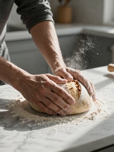 Hands kneading fresh sourdough on a marble counter in a Scandinavian-style kitchen, soft north-facing window light casting long shadows, flour dusting the air.