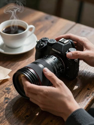 A close-up, tactile shot of hands adjusting a professional camera lens over a rustic wooden table with a steaming cup of coffee and parchment paper, soft natural side-light casting deep shadows.