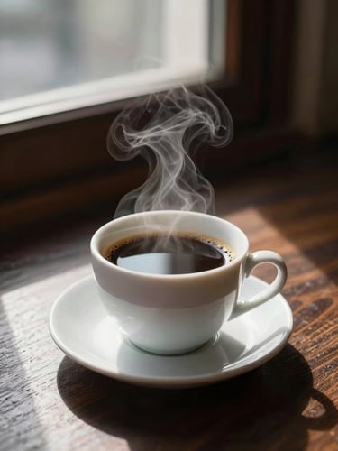 A portrait-oriented, close-up, tactile food shot of steam rising from a freshly poured cup of black coffee on a dark wooden table, soft natural side-light from a north-facing window, high contrast with deep rich shadows.