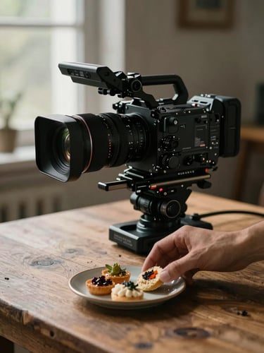 A portrait-oriented, behind-the-scenes shot of a professional camera rig positioned over a rustic wooden table, a hand adjusting a small plate of artisanal food, soft window lighting, moody shadows.